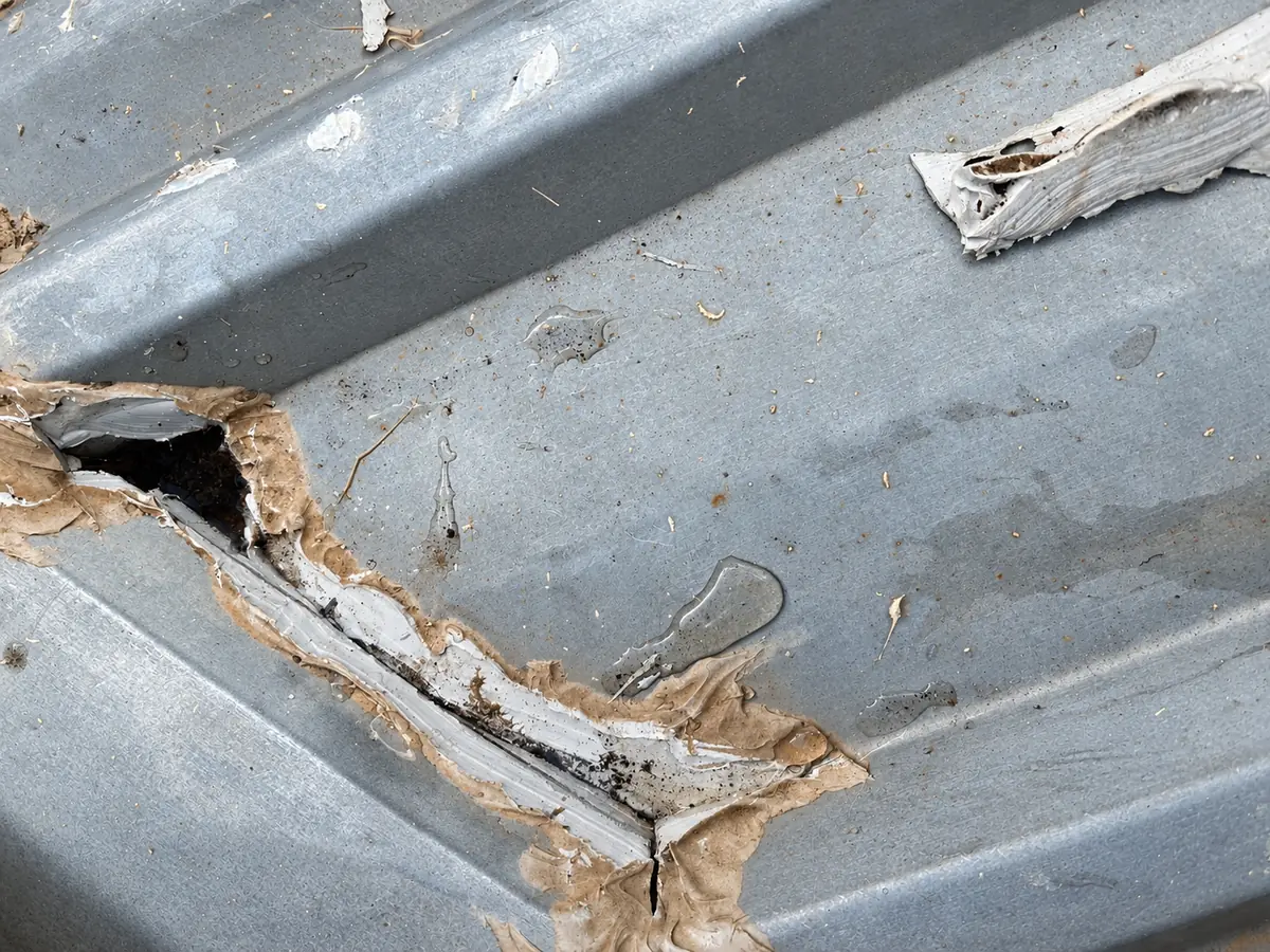 Failed flashing and cracked sealant at a metal roof leak point