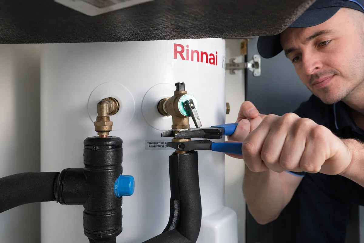 Plumber servicing an under-bench hot water unit for an office